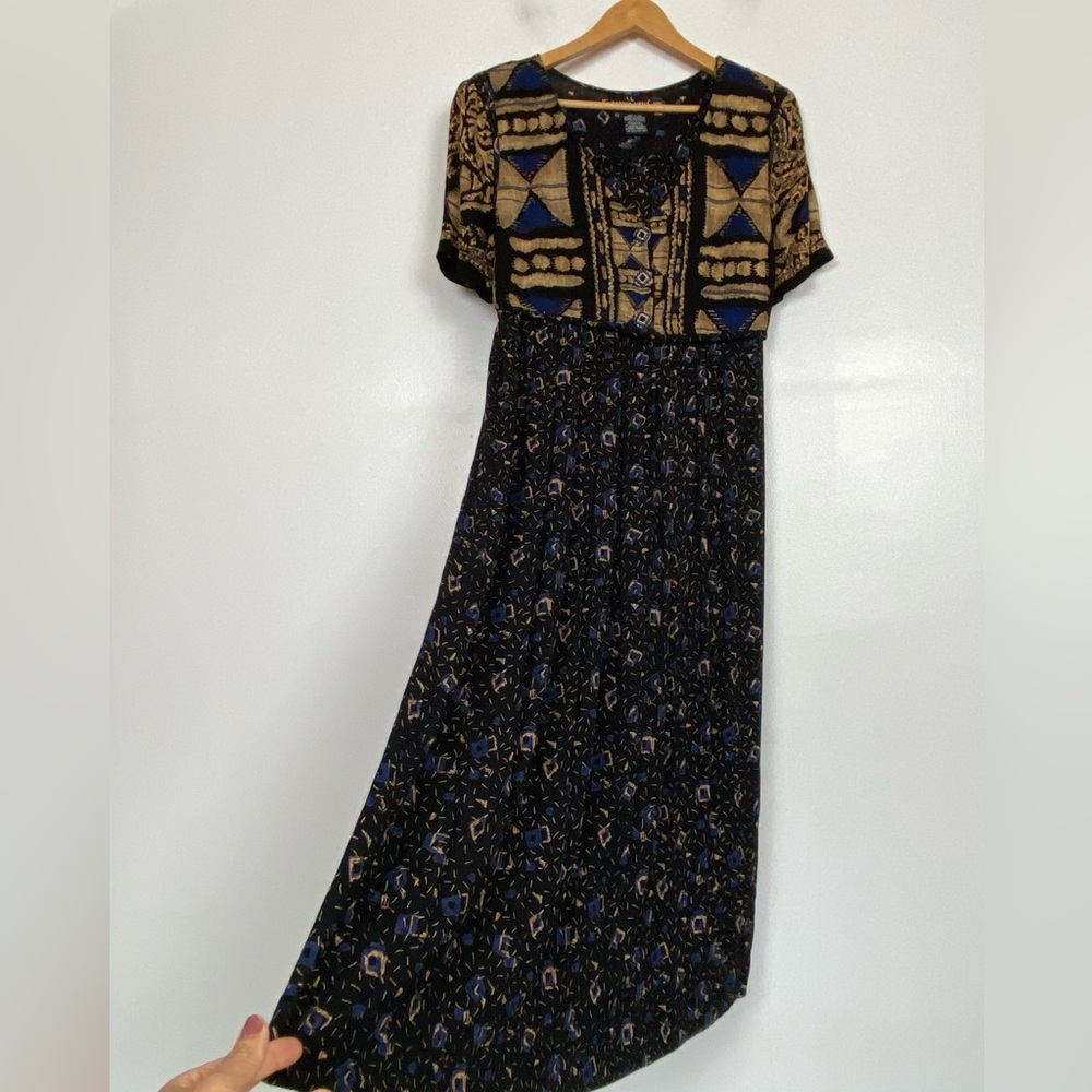 Carole Little 90s Pleated Maxi Dress Sz 12 Tribal Boho Whimsigoth V-Neck VTG USA - Picture 3 of 12